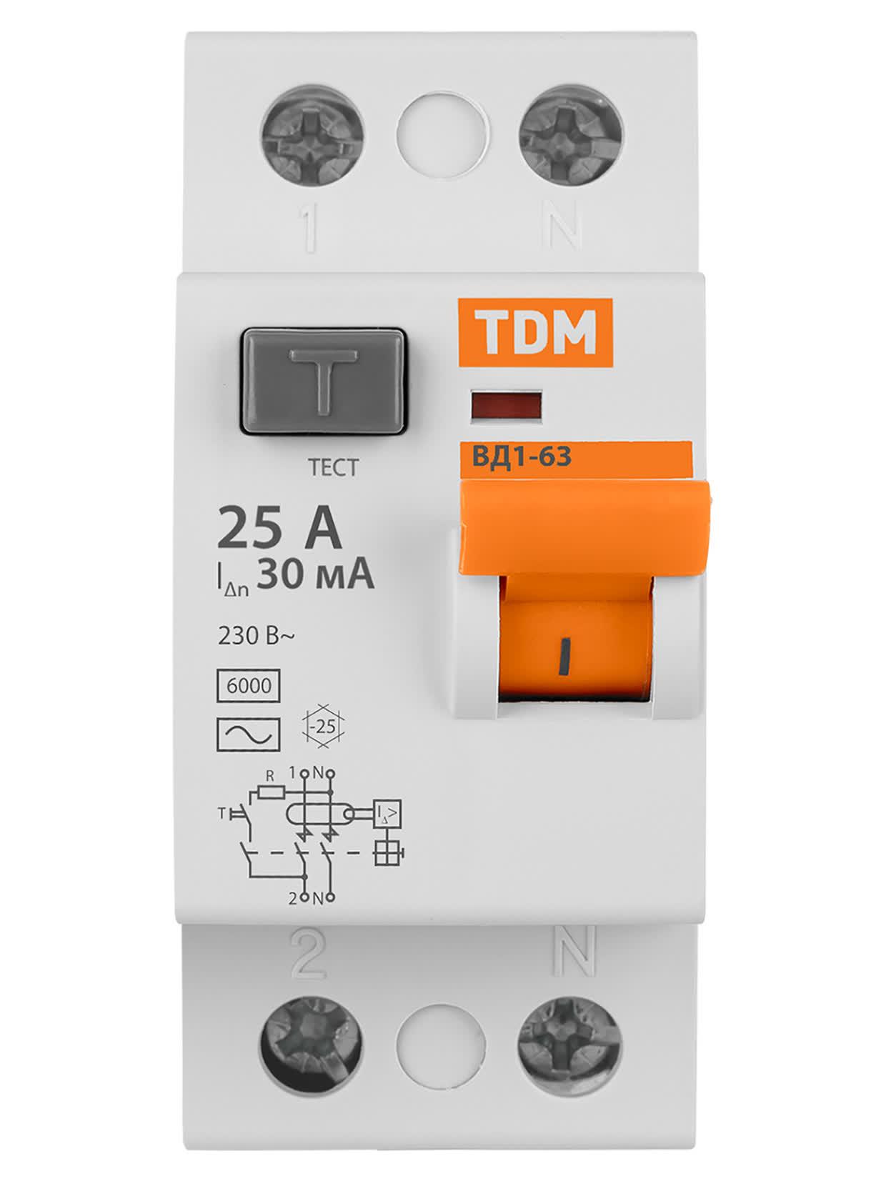 Устройство защитного отключения ВД1-63 двухполюсное 25А 30мА TDM ELECTRIC SQ0203-0008