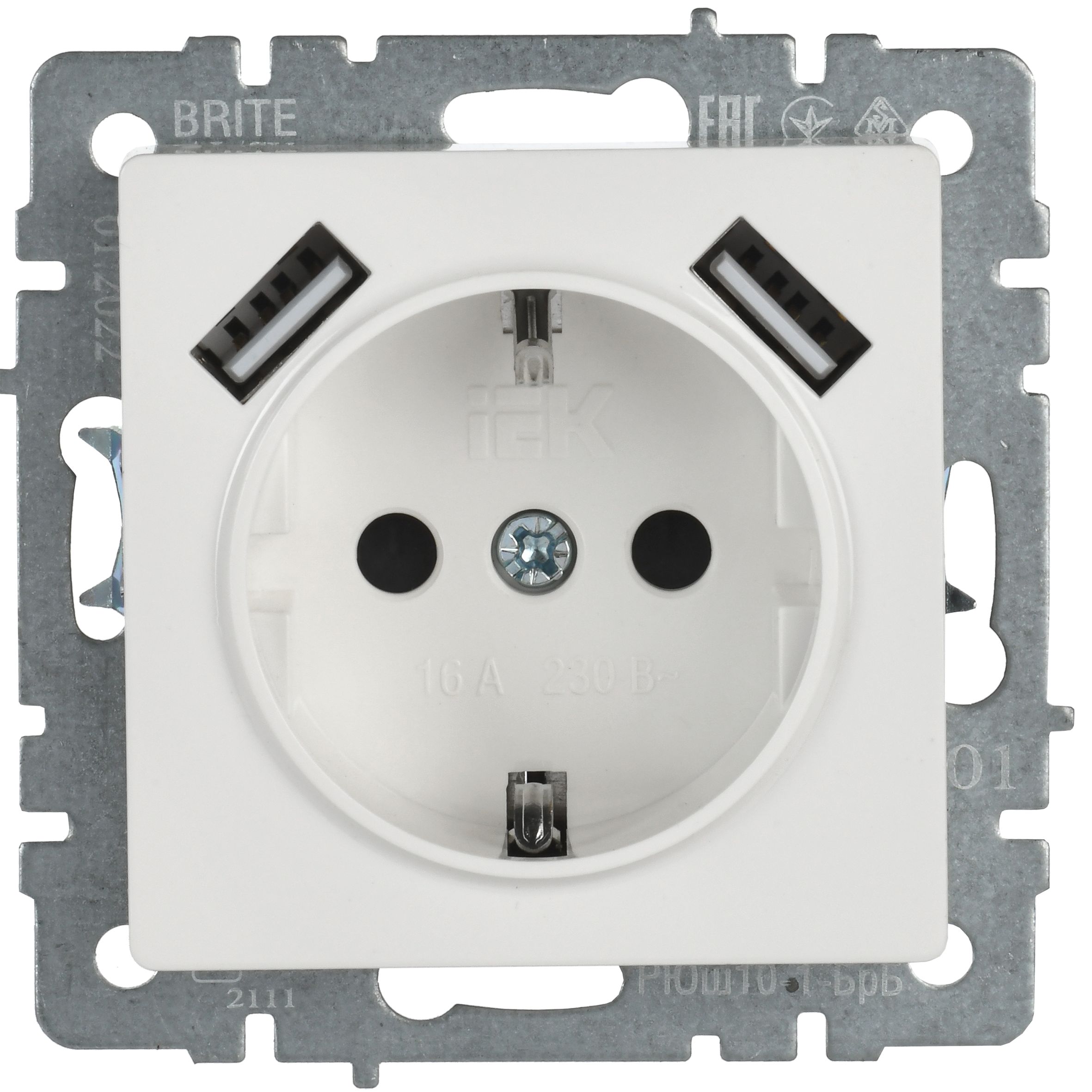 BRITE Розетка с заземлением с защитными шторками 16А с USB A+A 2,1А РЮш10-1-БрБ белый IEK BR-R14-16-U21-D21-K01