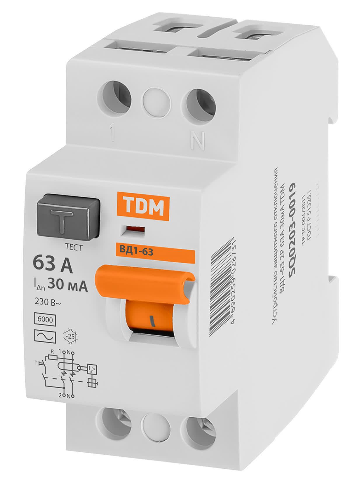 Устройство защитного отключения ВД1-63 двухполюсное 63А 30мА TDM ELECTRIC SQ0203-0019