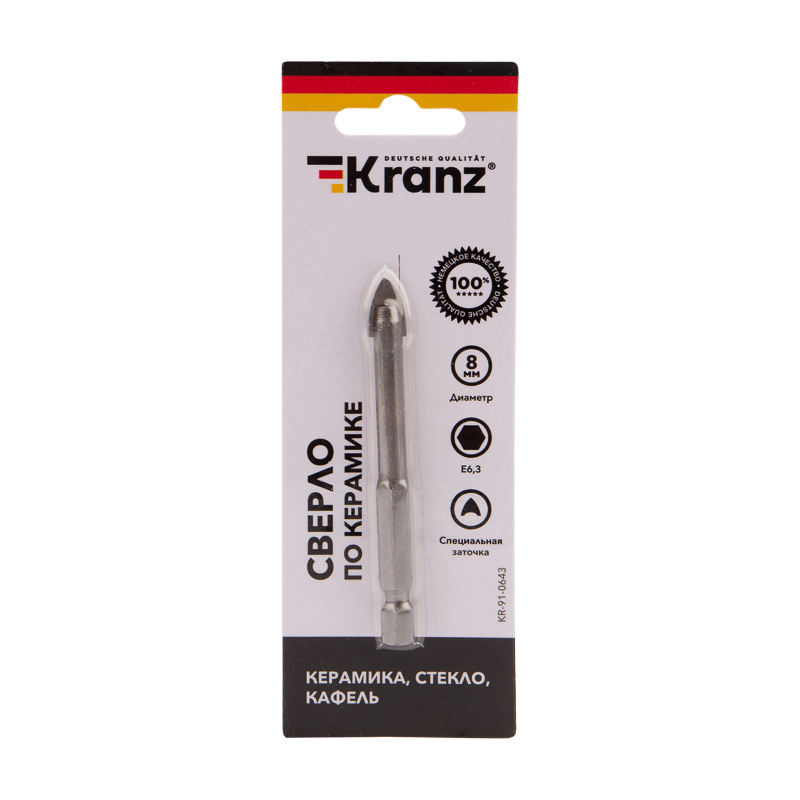 Сверло по стеклу и керамике 8 мм шестигранный хвостовик Kranz KR-91-0643