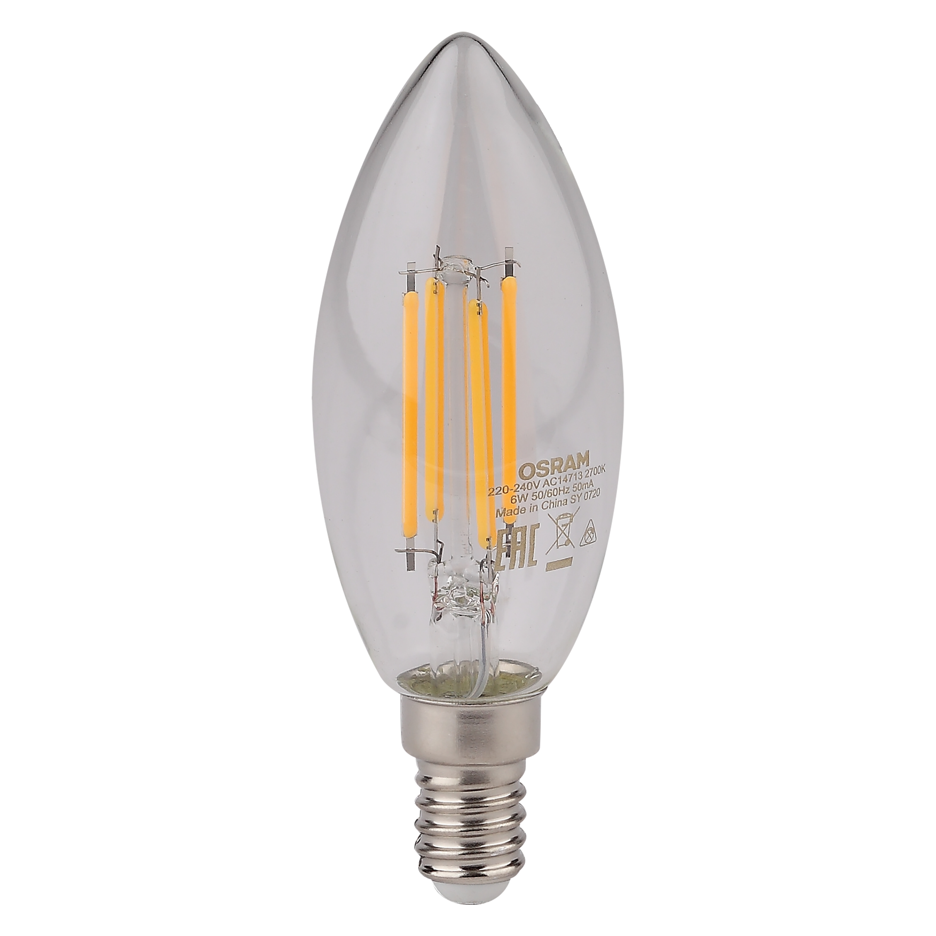 Лампа светодиодная LED 6Вт E14 CLB75 тепло-бел, Filament прозр.свеча OSRAM LEDVANCE 4058075217805