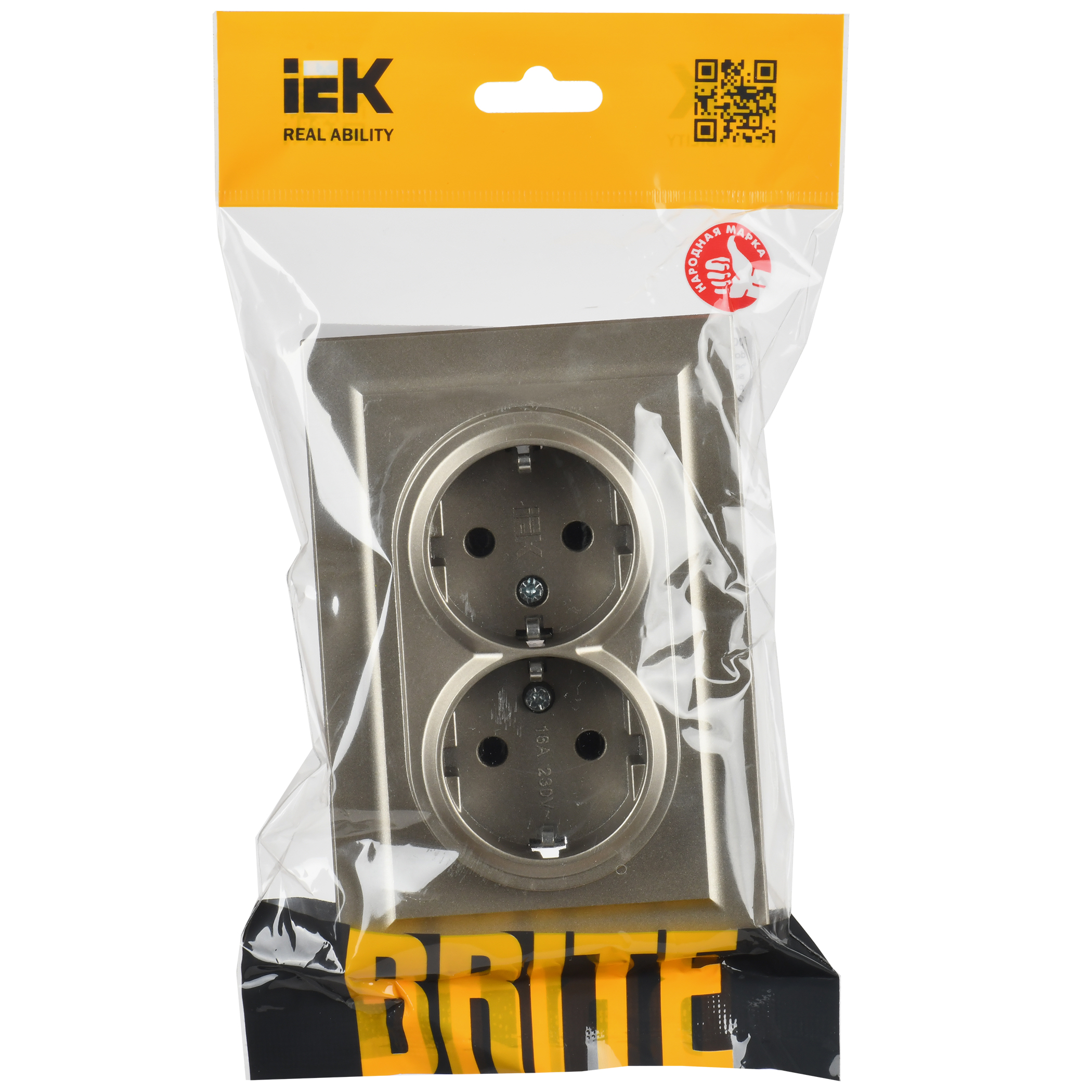 BRITE Розетка двойная с заземлением без защитных шторок 16А в сборе РС12-3-БрШ шампань IEK BR-R21-16-K37-F