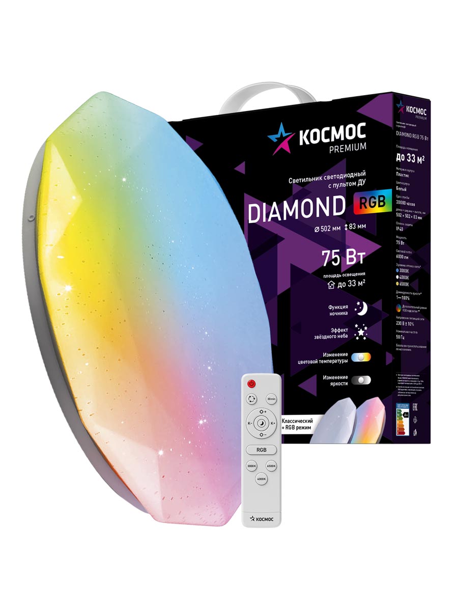 Светильник светодиодный ДБО-75 настенно-потолочный управляемый DIAMOND-RGB 230В 3000-6500K 6000Лм 502x83мм с RGB подсветкой Космос KSDiamRGB75W