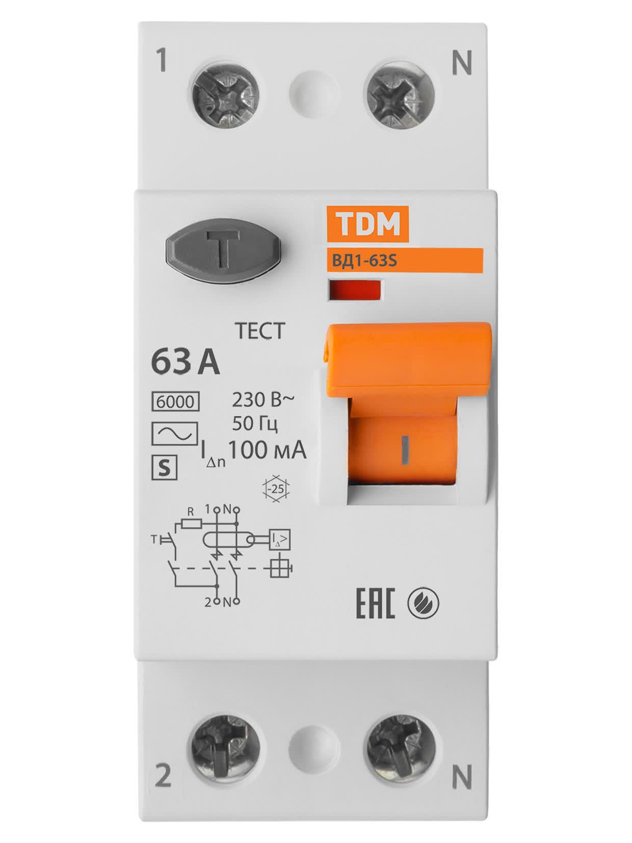 Устройство защитного отключения ВД1-63S двухполюсное 63А 100мА TDM ELECTRIC SQ0203-0060