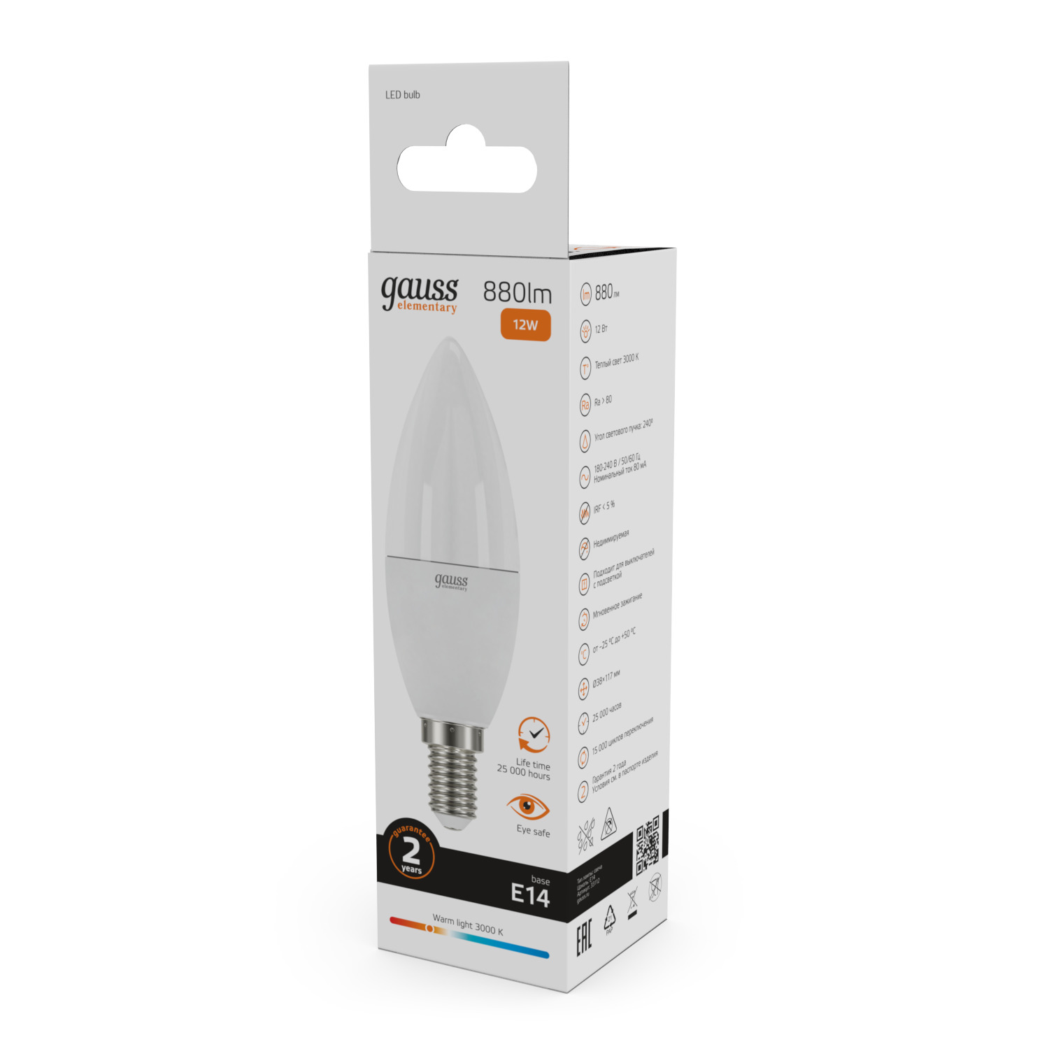 Лампа светодиодная LED 12 Вт 880 лм 3000К AC180-240В E14 свеча теплая  Elementary Gauss GAUSS 33112