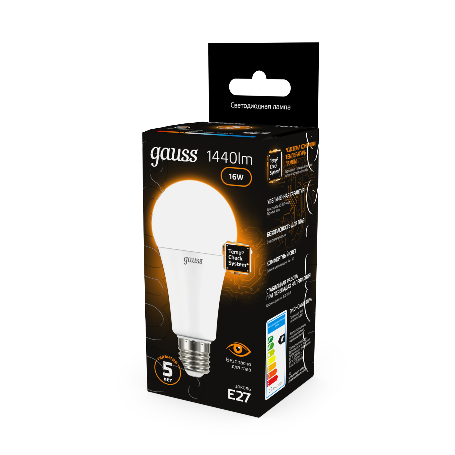 Лампа светодиодная LED 16 Вт 1440 лм 3000К А60 груша теплый E27 AC 220В Black Gauss GAUSS 102502116