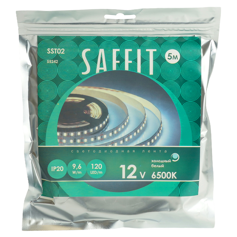 Лента светодиодная LEDх120/м 5м 9.6w/m 12в 6500К SAFFIT SST02 55242