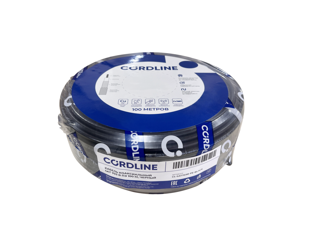 Кабель коаксиальный SAT 703 B ПЭ 100м, черный Cordline CL-SAT703B-PE-black