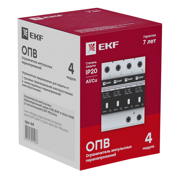 Ограничитель импульсных напряжений серии ОПВ-B/4P In 30кА 400В EKF opv-b4