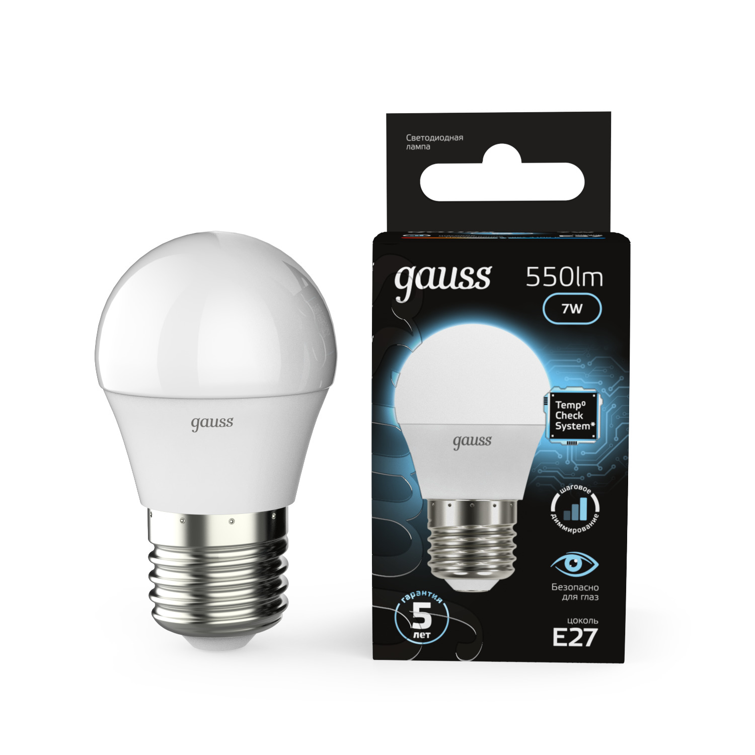 Лампа светодиодная LED 7 Вт 550 лм 4100К шар P45 нейтральный E27 AC 220В шаговое диммирование выключателем Black Gauss GAUSS 105102207-S