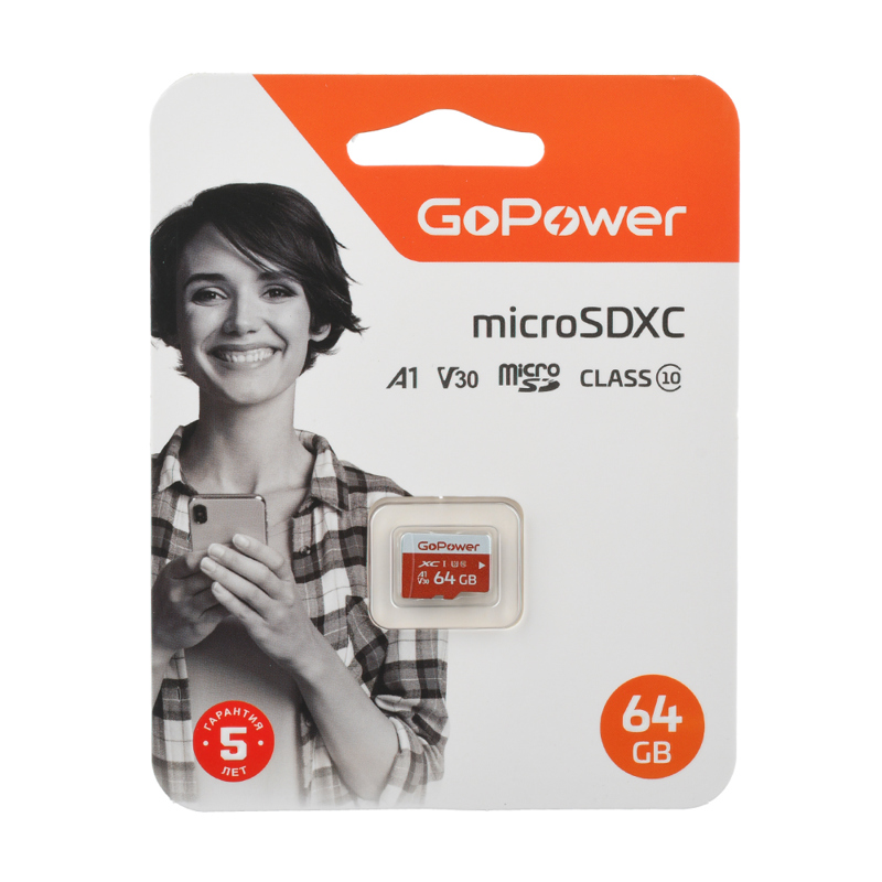 Карта памяти 64GB MicroSD, UHS I, SDXC, V30, U3, 100 МБ/с, Class 10 GoPower 00-00025681 1000717467