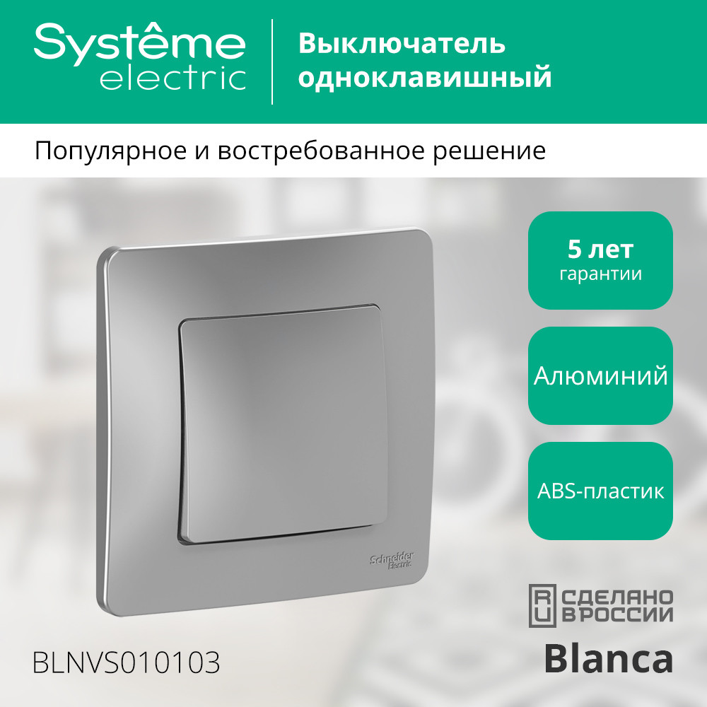 BLANCA скрытой установки одноклавишный выключатель (cх.1), 10A, 250B, алюминий Systeme Electric BLNVS010103