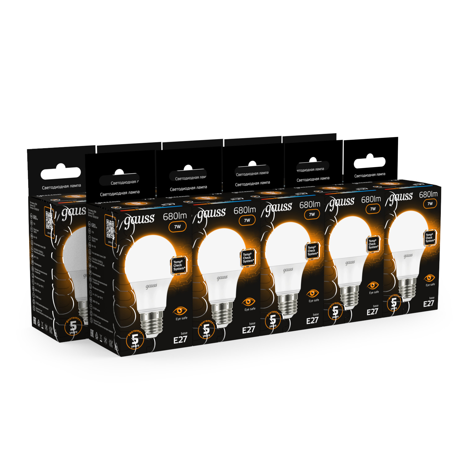 Лампа светодиодная LED 7 Вт 680 лм 3000К А60 груша теплый E27 AC 220В Black GAUSS 102502107