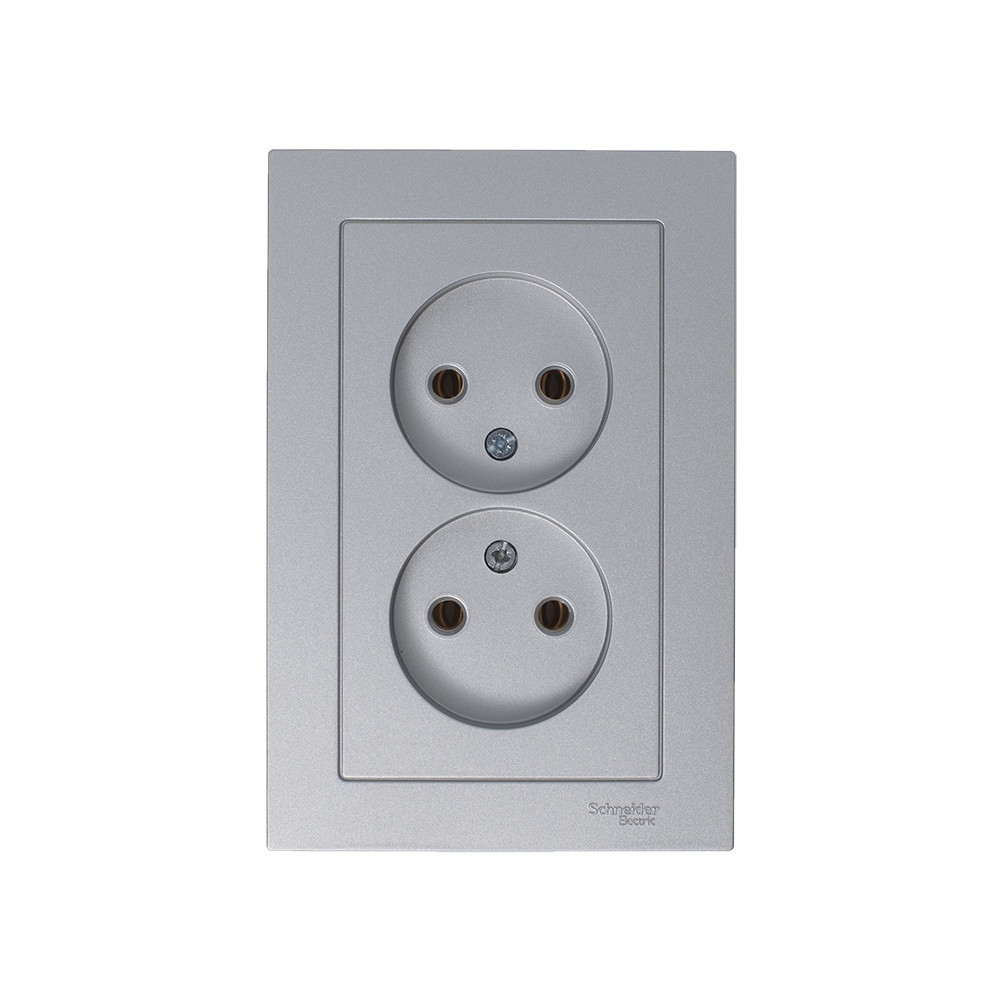 Розетка ATLASDESIGN двойная без заземления 16А в сборе алюминий Systeme Electric ATN000320