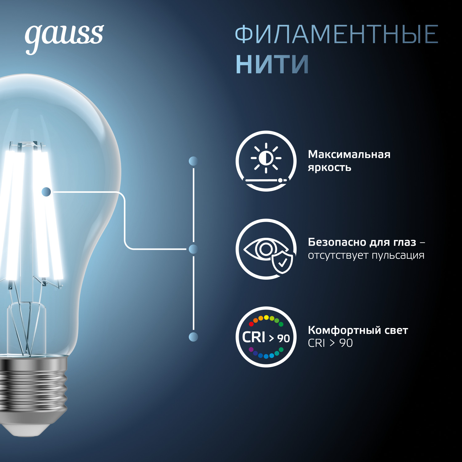 Лампа светодиодная филаментная LED 22 Вт 2100 лм 4100К А70 груша нейтральный E27 AC 220В прозрачная колба Black Filament GAUSS 102902222