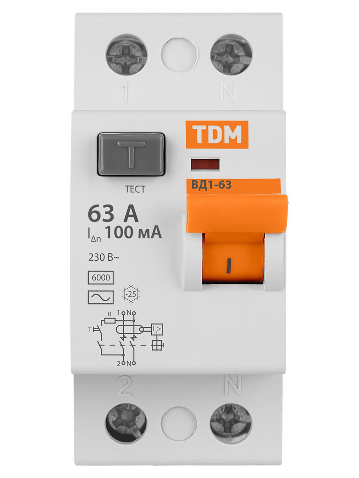 Устройство защитного отключения ВД1-63 двухполюсное 63А 30мА TDM ELECTRIC SQ0203-0019