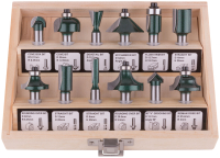 Фрезы по дереву кромочные, набор 12 шт, деревянный бокс, хвостовик 8 мм FIT 36578