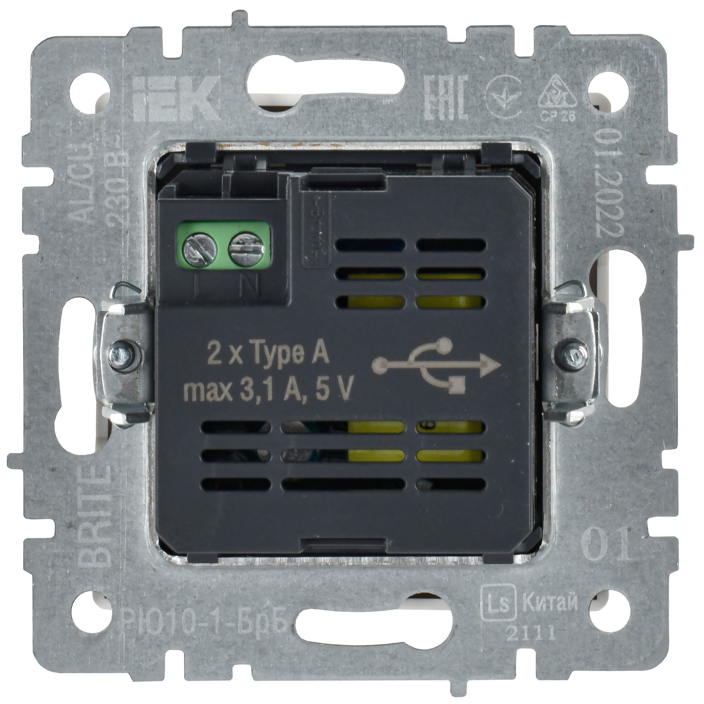 BRITE Розетка USB A+A 5В 3,1А РЮ10-1-БрБ белый IEK BR-U21-D31-K01