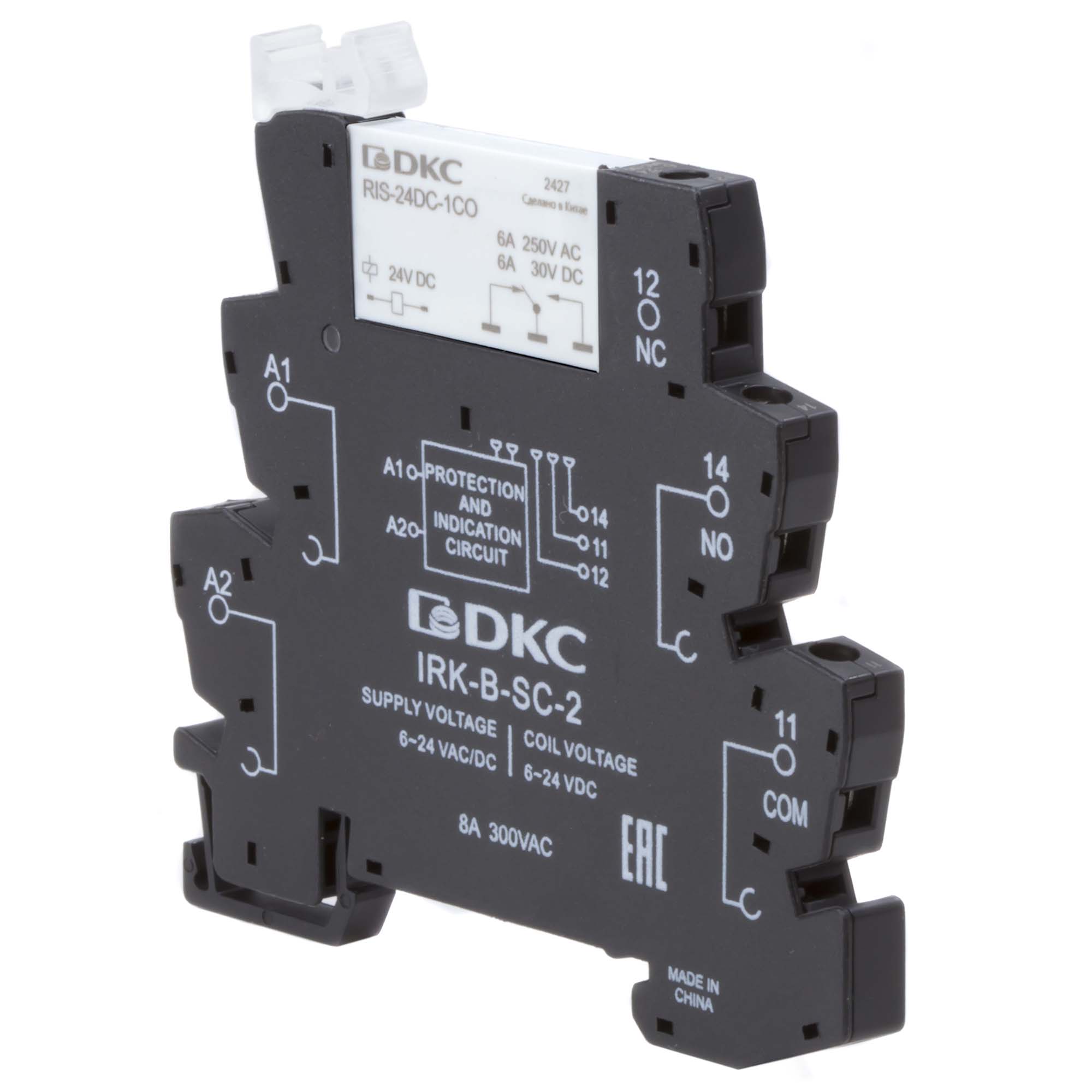 Реле интерфейсное, 1CO, ком. ток 6А, AgSnO2, напряжение 24V AC/DC, винтовые клеммы. DKC IRK-24UC-1CO