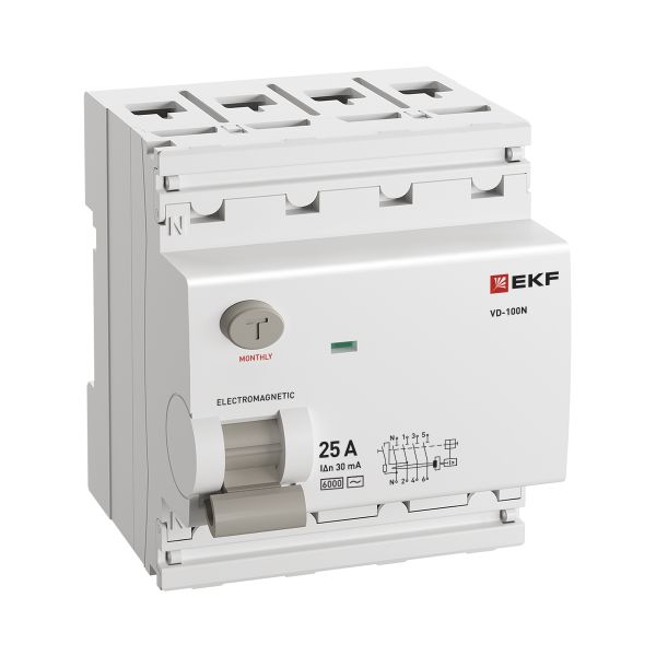 Выключатель дифференциального тока ВД-100N  4P 25А 30мА тип AC эл-мех 6кА PROXIMA EKF E1046M2530