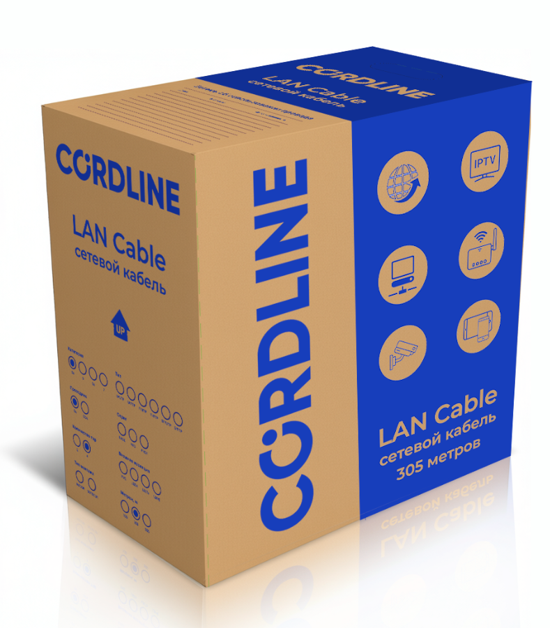 Витая пара СORDLINE U/UTP 4 пары 5e Сu одж.       24AWG(0,51мм) вн.PVC сер.305м Cordline CL-CuI5E04U-051SO-PVC-GY-305 УТ-00000442