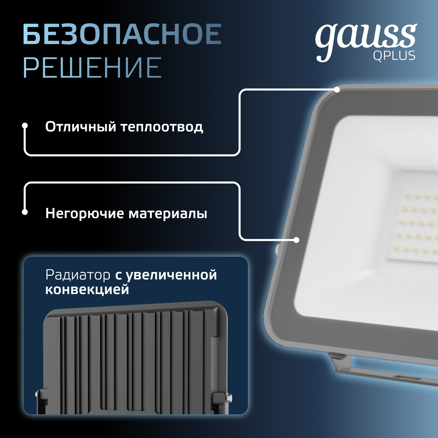 Прожектор светодиодный ДО 50 Вт 5250 Лм 6500К AC 220В IP65 150х28х185 мм матированное закаленное стекло Qplus GAUSS 690511350