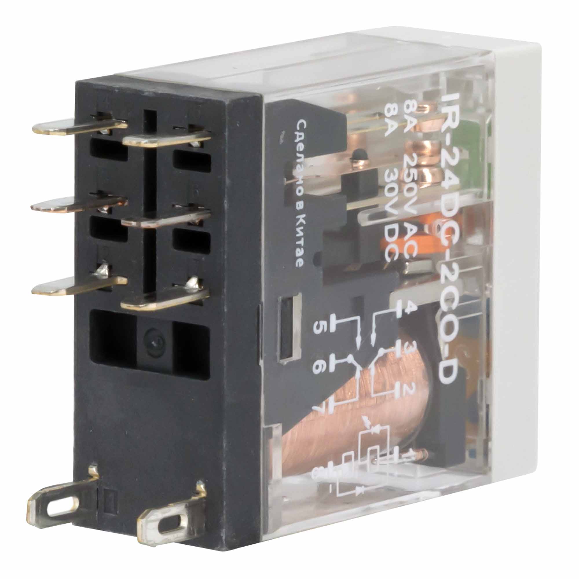 Реле миниатюрное промышленное, 2CO, коммутируемый ток 8 А, AgSnO, напряжение 24V DC, опция – тест-кнопка+светодиод+защитный диод DKC IR-24DC-2CO-D