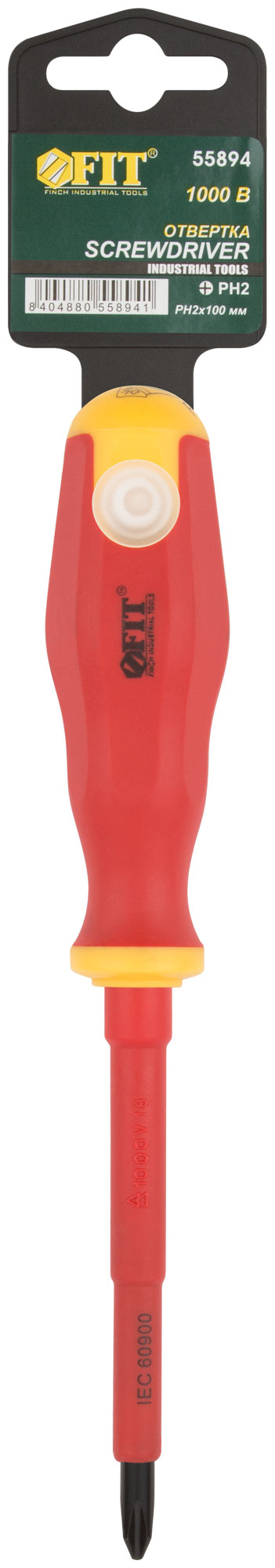 Отвертка изолированная 1000 В, CrV сталь, прорезиненная ручка 6.5х100 мм РН2 FIT 55894