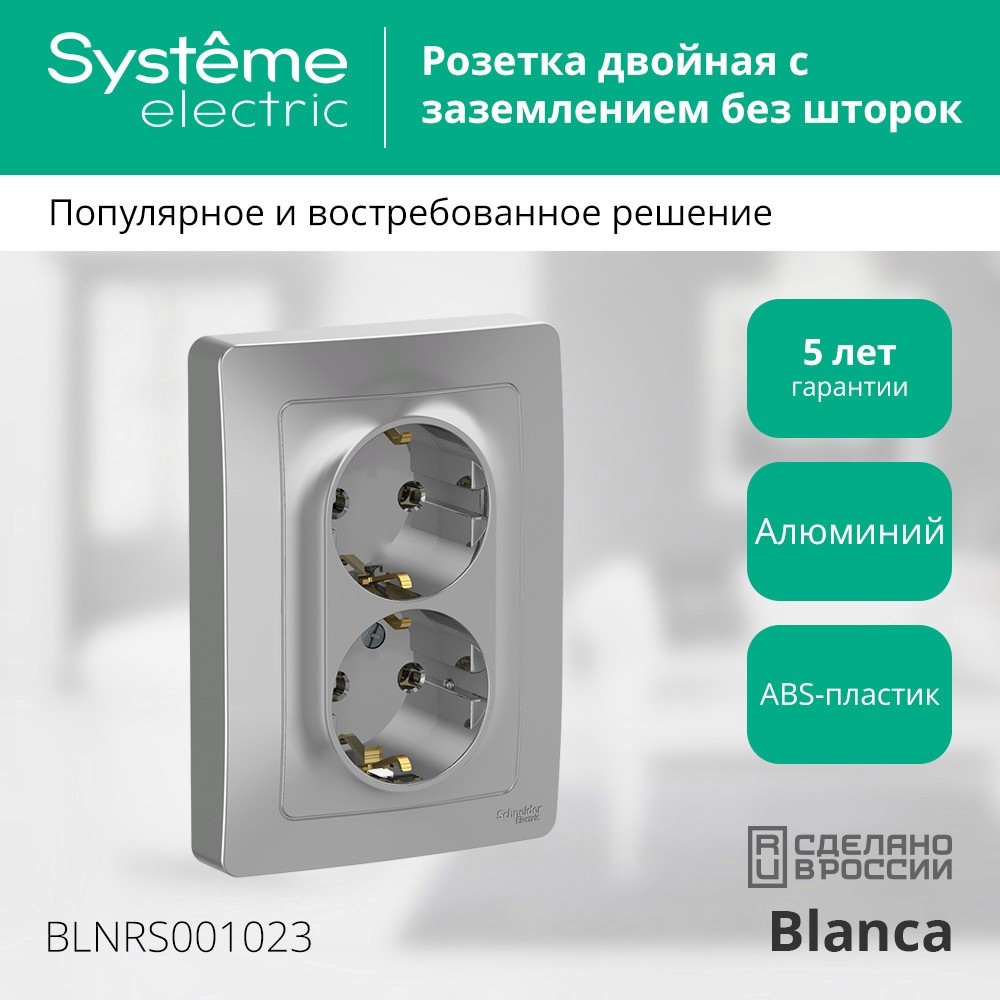 BLANCA скрытой установки розетка двойная с заземлением без шторок, 16А, 250В, алюминий Systeme Electric BLNRS001023