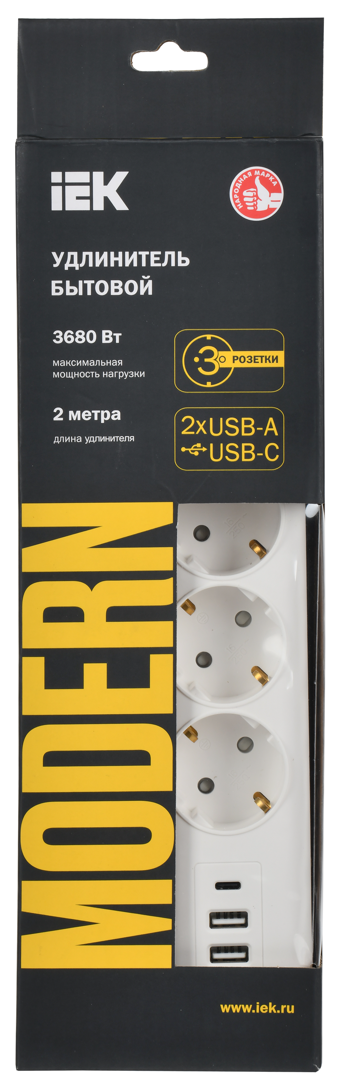 MODERN Удлинитель У03В 3 розетки с заземляющим контактом + USBх3 2м 3х1мм2 16А/250В белый IEK WYP12-16-03-02-ZKU-K01