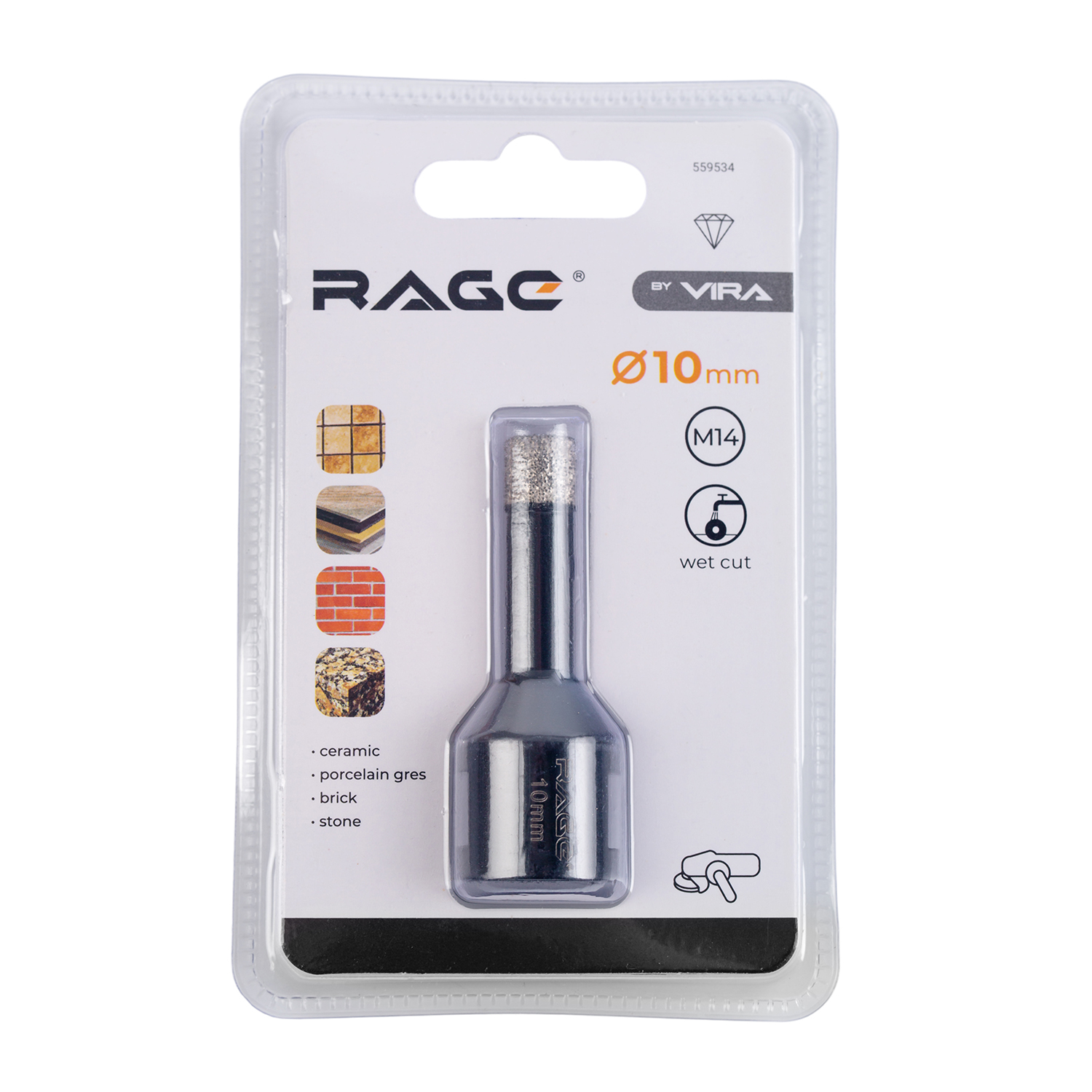 Коронка алмазная 10 мм по керамограниту по керамике для УШМ Rage 559534