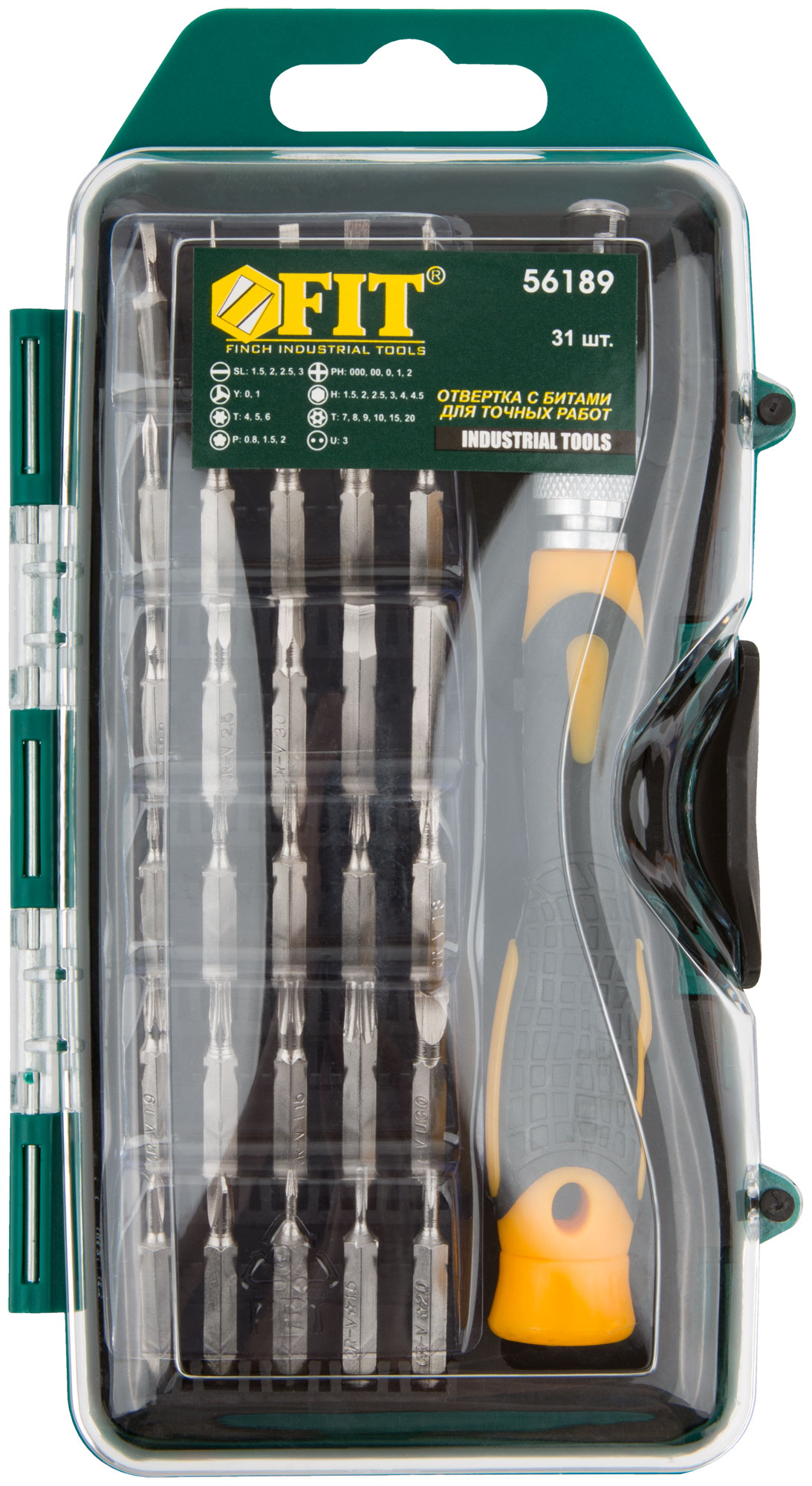 Отвертка с битами для точных работ, 30 CrV бит, в пластиковом футляре FIT 56189