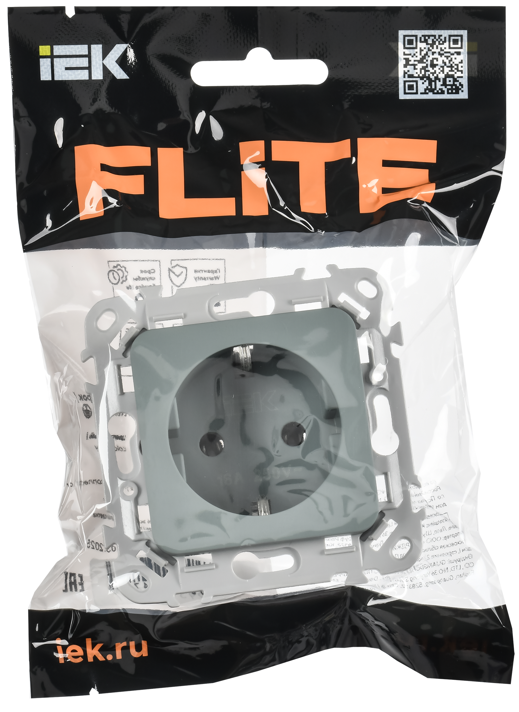 FLITE Розетка с заземлением без защитных шторок безвинтовое крепление 16А РС11-1-ФлС серый IEK FI-R11-16-1-K03