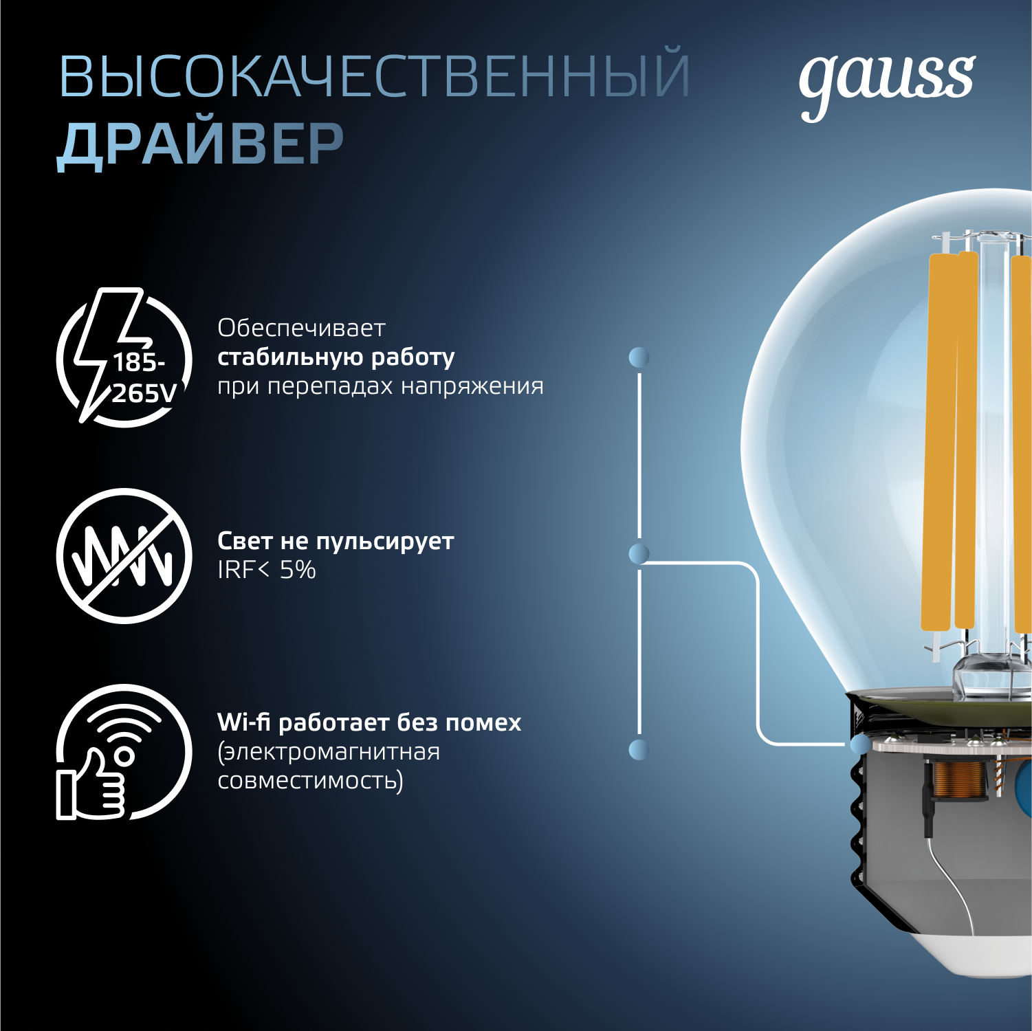 Лампа светодиодная филаментная LED 13 Вт 1150 лм 4100К шар P45 нейтральный E27 AC 220В прозрачная колба Black Filament GAUSS 105802213
