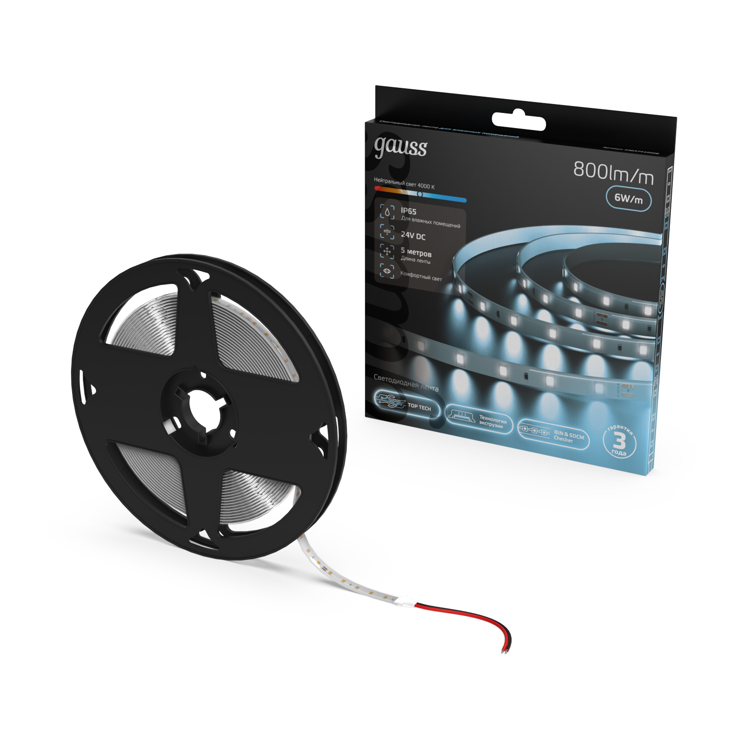 Лента светодиодная 6 Вт/м DC 24В 4000К IP65 60LED SMD2835 800 лм/м Black Gauss GAUSS 23637442006