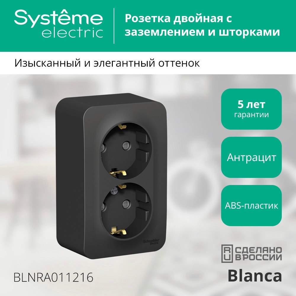 Розетка BLANCA наружная двойная, с заземлением, со шторками, с изолирующей пластиной, 16А, 250В, антрацит Systeme Electric BLNRA011216