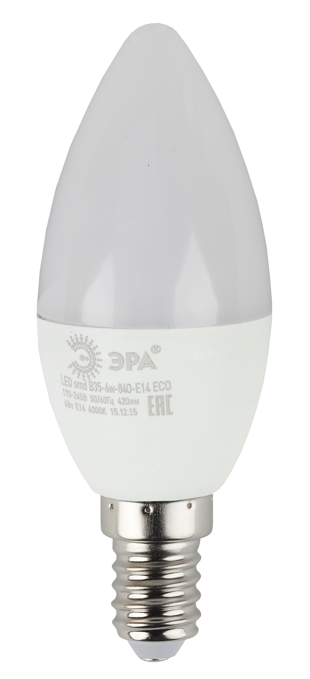Лампа светодиодная ECO LED B35-6W-840-E14 (диод, свеча, 6Вт, нейтр, E14 (10/100/3500) ЭРА Б0020619