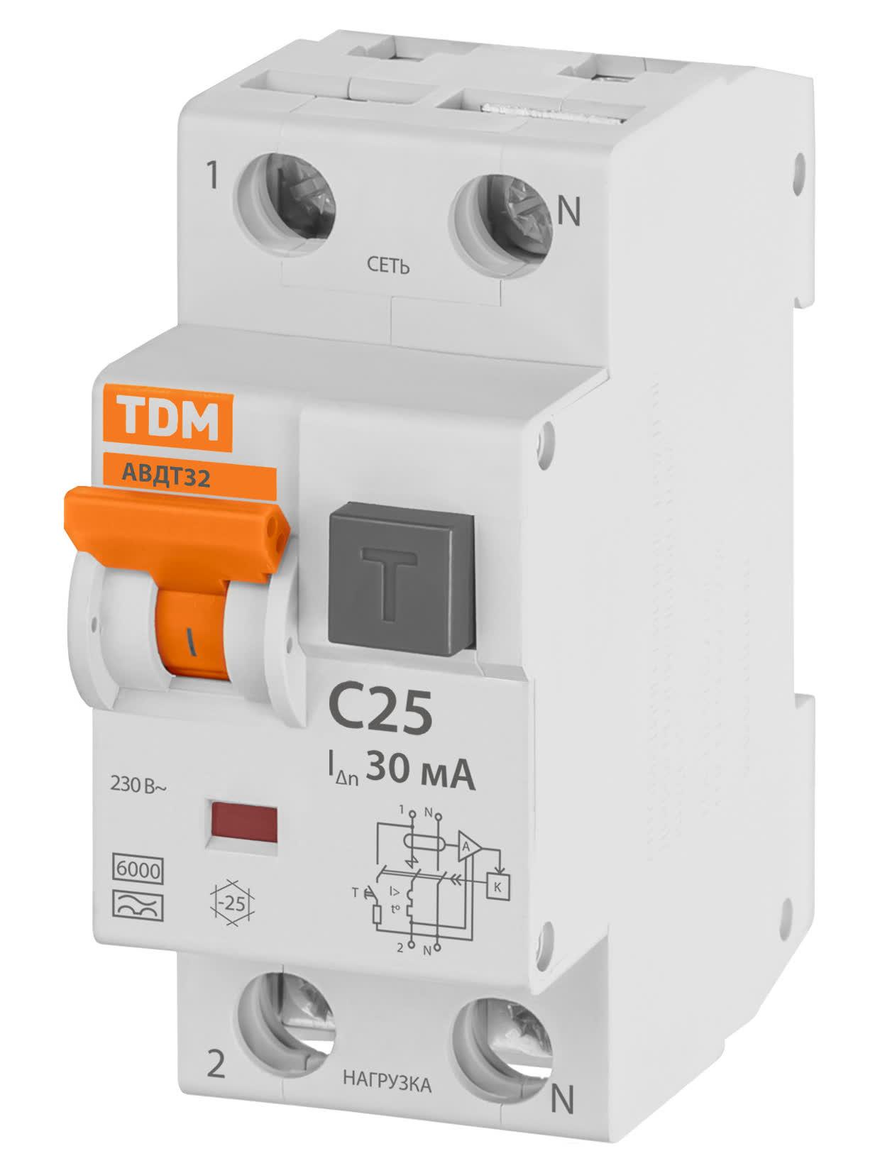 Выключатель автоматический дифференциального тока - АВДТ 32 C25 30мА TDM ELECTRIC SQ0202-0031
