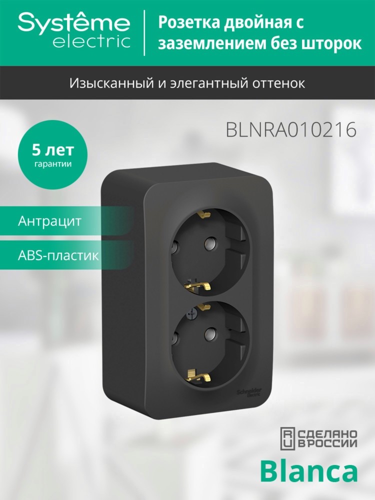 BLANCA розетка наружная двойная с заземлением без шторок с изолирующей пластиной, 16А, 250В, антрацит Systeme Electric BLNRA010216