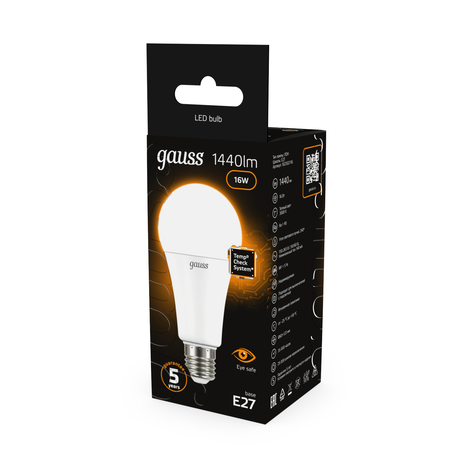 Лампа светодиодная LED 16 Вт 1440 лм 3000К А60 груша теплый E27 AC 220В Black Gauss GAUSS 102502116