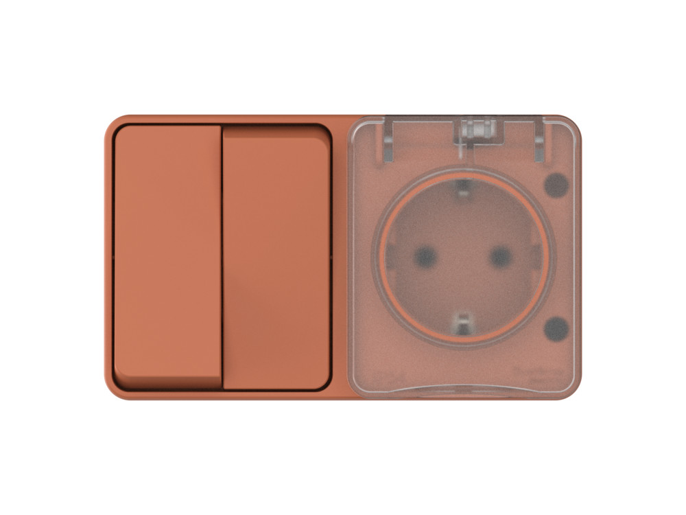AtlasDesign PROFI IP54 О/У БЛОК: РОЗ. з/к со шт. 16А, ВЫКЛ.2-клав.10А, ТЕРРАКОТОВЫЙ Systeme Electric ATN547074