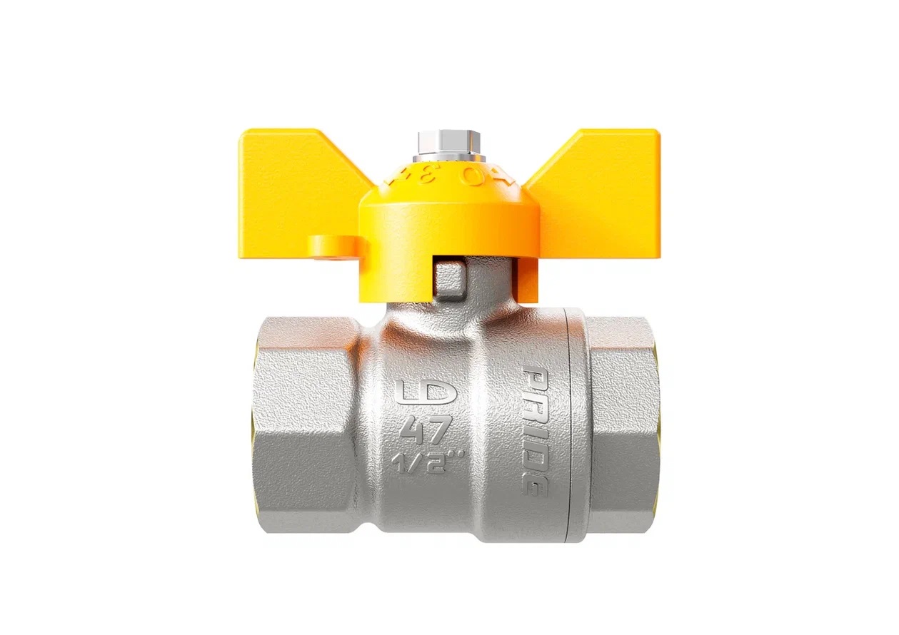 Кран шаровый латунный никелированный 11б27п Ду15 Ру40 (1/2') ВР/ВР бабочка GAS LD Pride 47.15.В-В.Б GAS LD 47.350.15