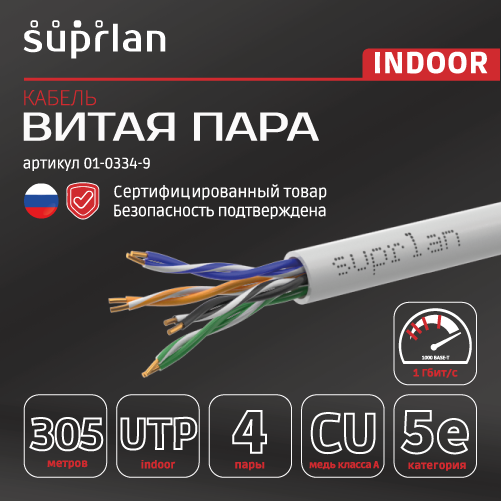 Витая пара Median UTP Cat.5e 4x2xAWG24 Cu PVC Indoor 305м SUPRLAN 01-0334-9