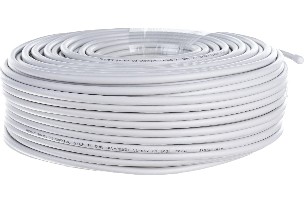 Кабель коаксиальный RG-6U+Cu, 75 Ом, Cu/Al/Cu, 75%, бухта 100 м, белый, REXANT 01-2223