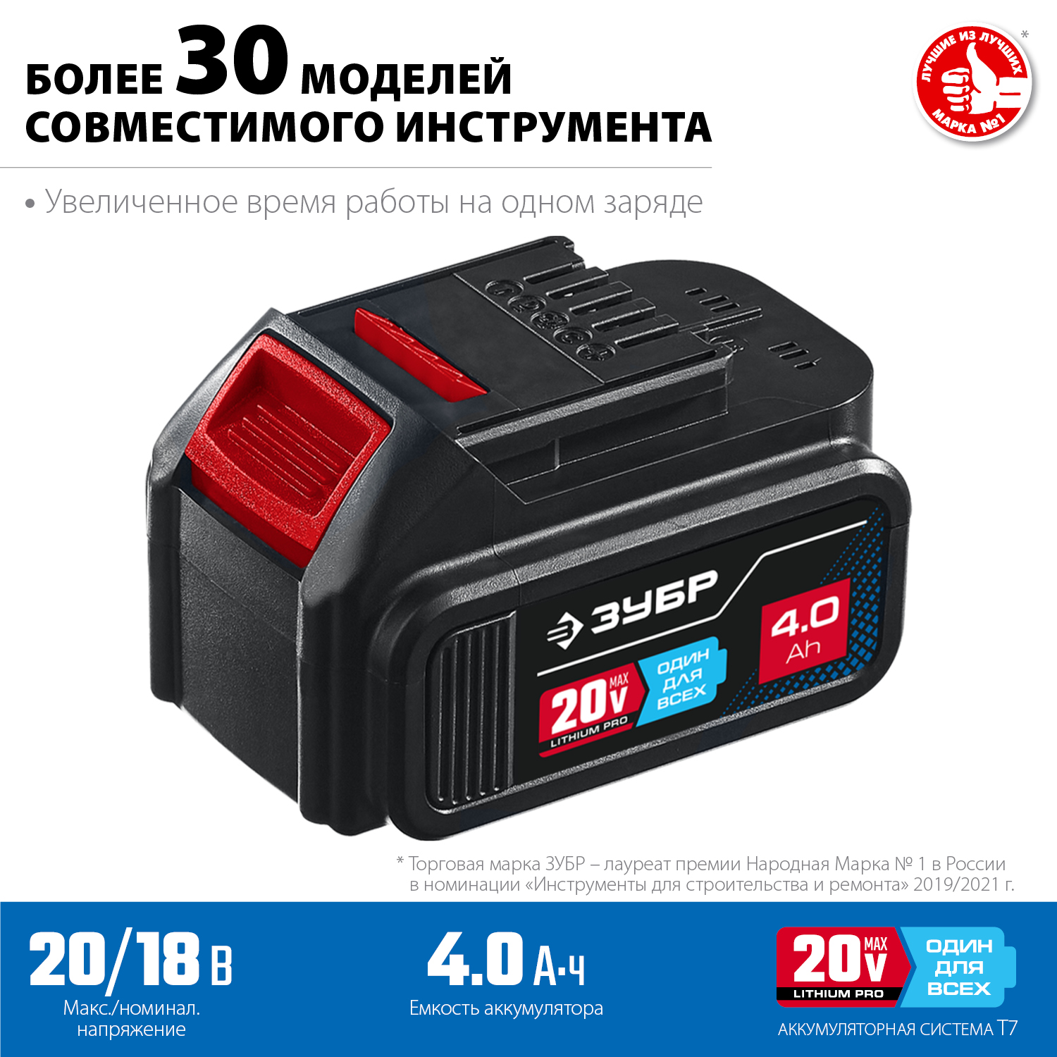 Аккумуляторная батарея Профессионал 20В 4Ач Li-Ion тип Т7 ЗУБР ST7-20-4