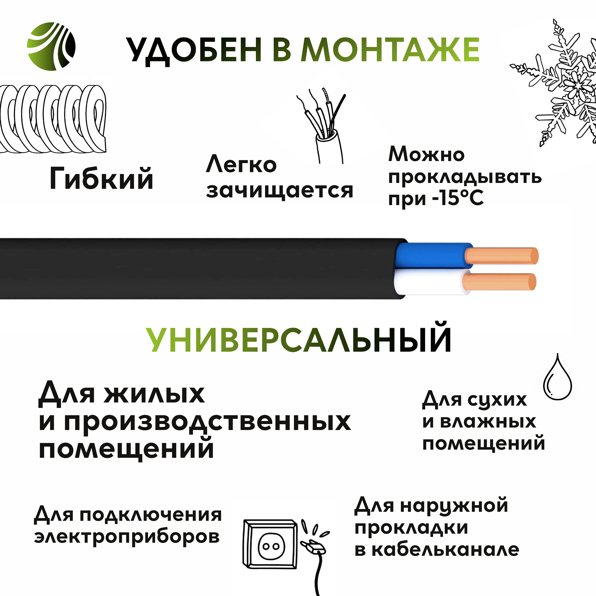 Кабель силовой ВВГнг(А)-LS 2х2.5пл-0.66 Ореол 00-00001204