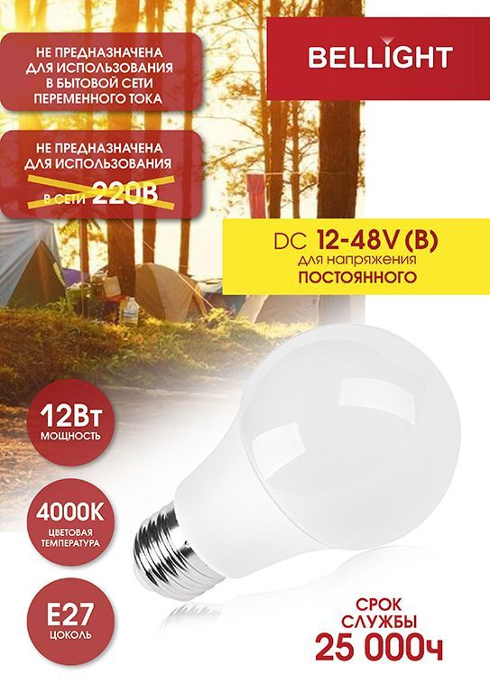 Лампа светодиодная LED A60 Е27 12W 12-48вольт 4000К BELLIGHT 85637131