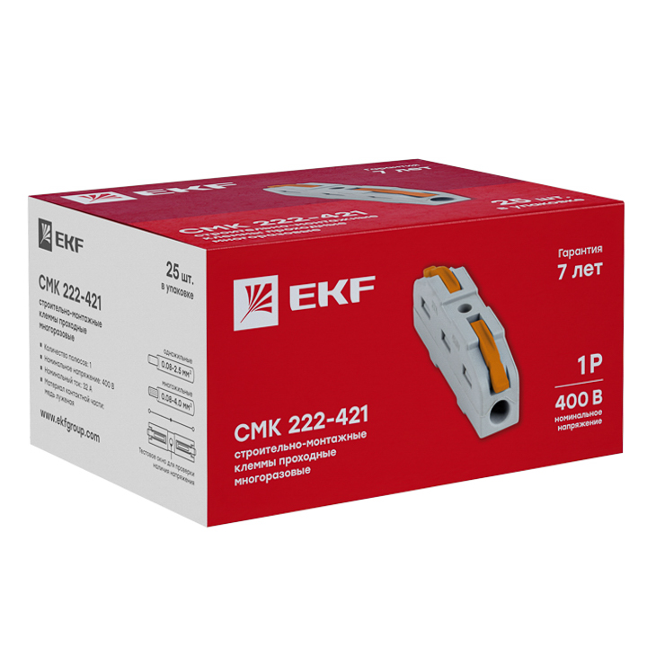 Строительно-монтажная клемма СМК 222-421 проходная 1 полюс 0,08-4мм2 PROxima EKF plc-smk-421