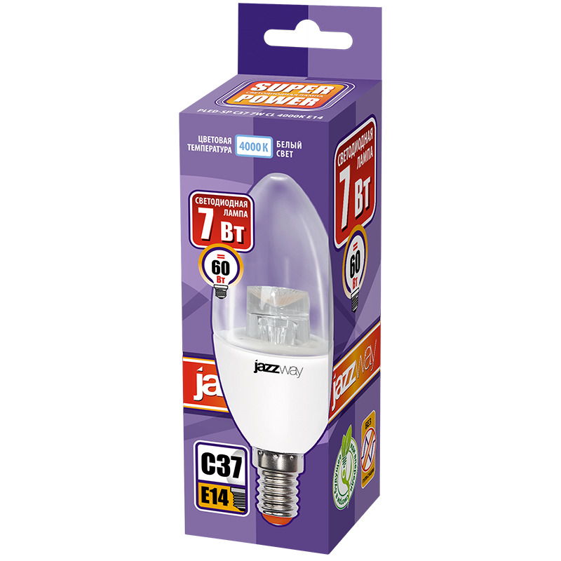 Лампа светодиодная LED 7Вт E14 белый прозрачная свеча JazzWay 2853127 2853127*