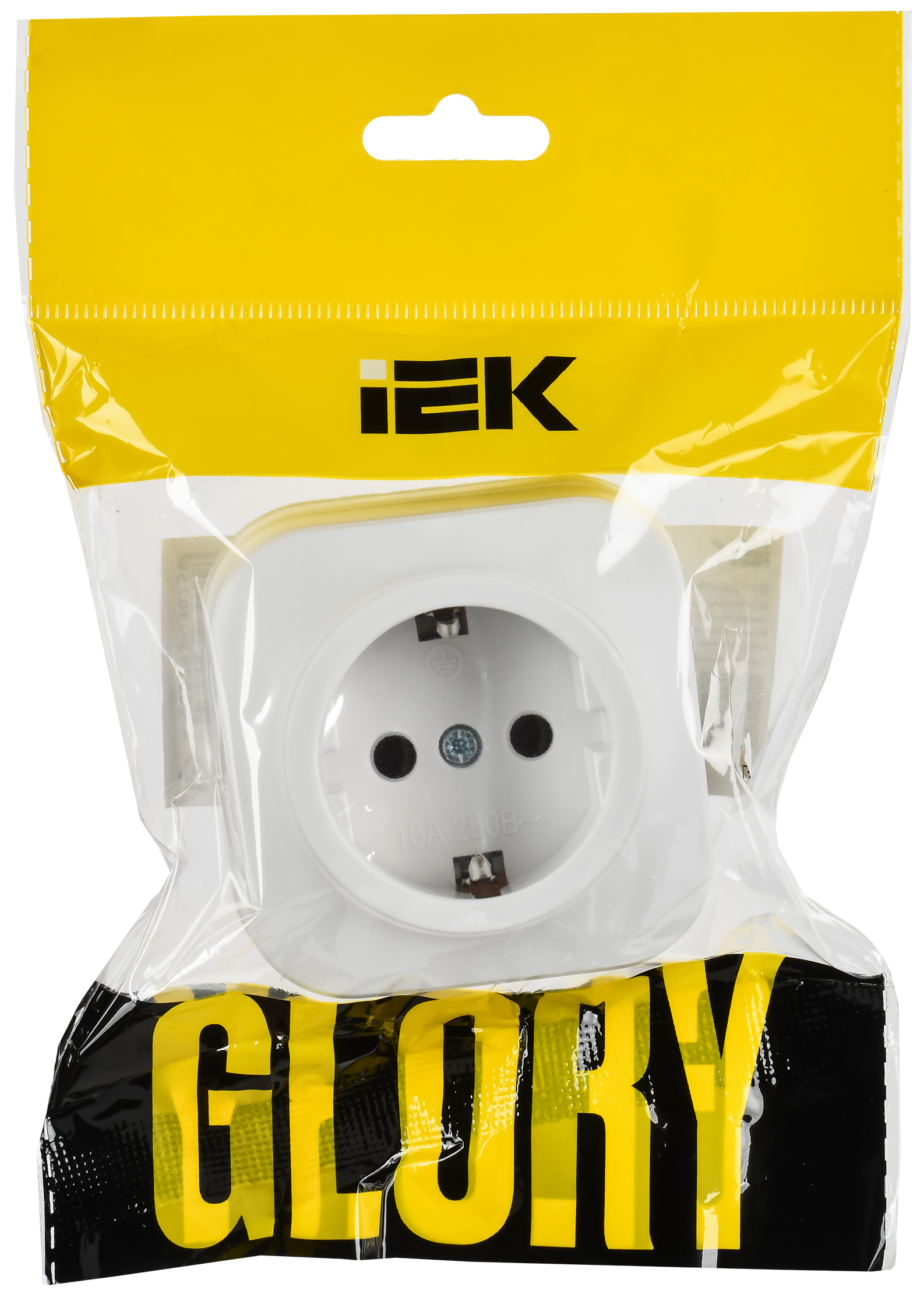 GLORY Розетка 1-местная для открытой установки с заземлением без защитных шторок 16А РС20-3-ХБм белый матовый IEK ERH11-K01M-16